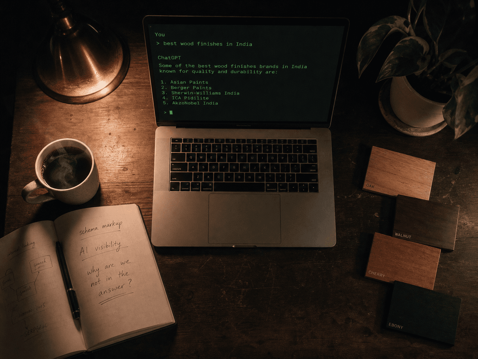 Founder's late-night workspace — laptop showing a ChatGPT query about wood finishes, wood samples on the desk, handwritten notes about AI visibility
